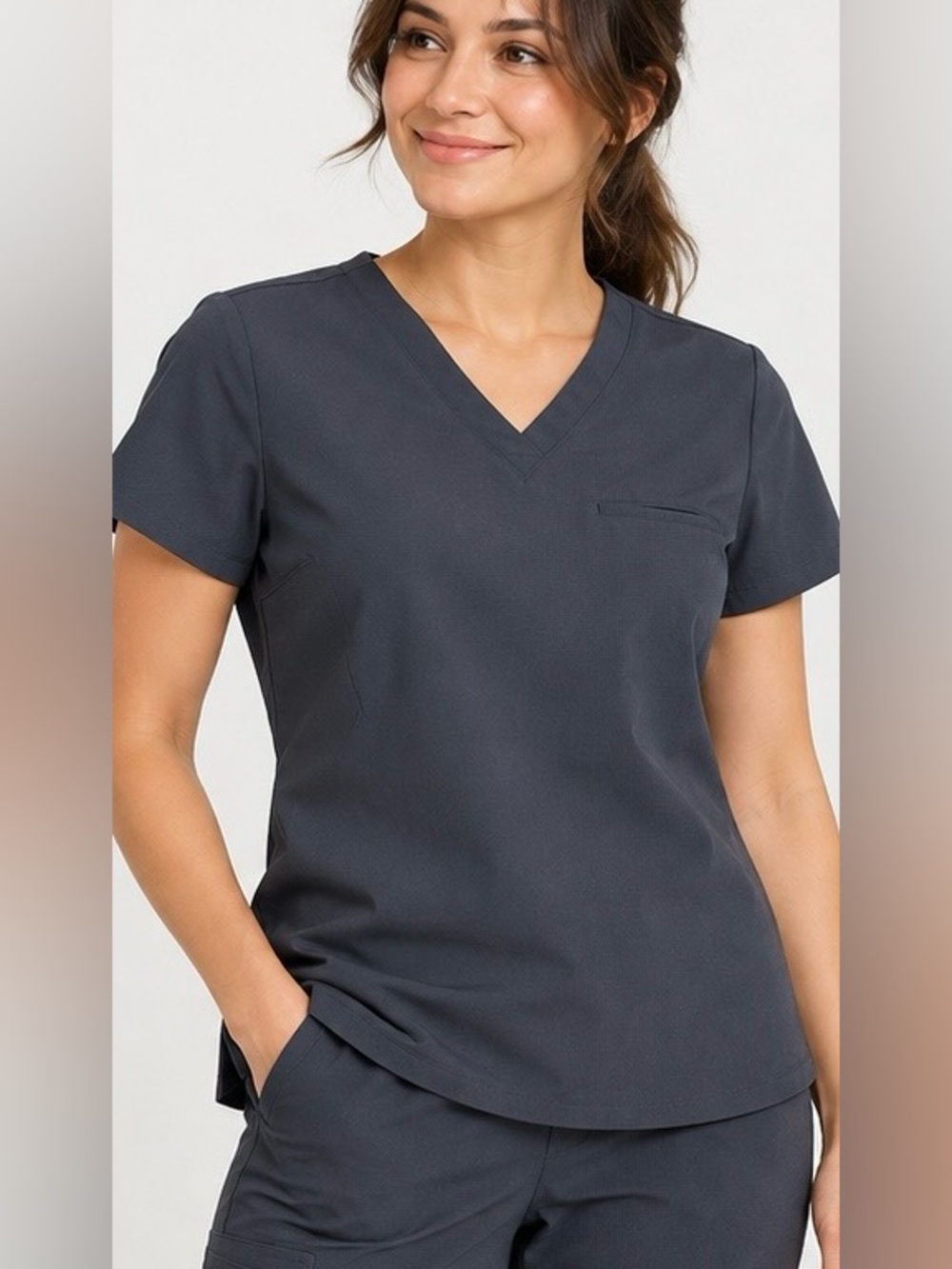 MANDALA EQUA-TEL CHARCOAL GRAY V-NECK SCRUB TOP WOMENS SMALL
